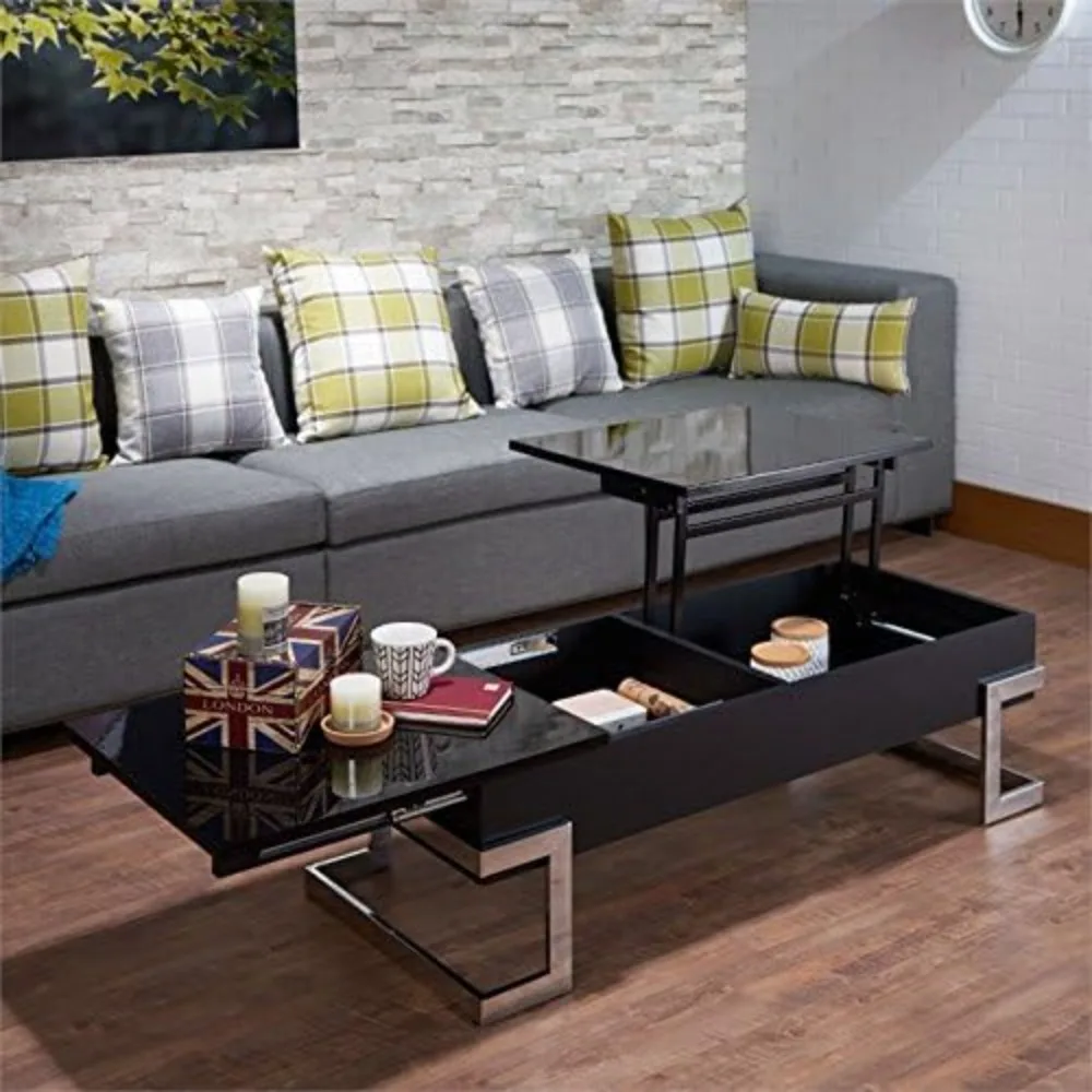 (Spring Sale) Coffee Table, Black and Chrome Rectangular Lift Table Contemporary Style Solid Wood Coffee Table