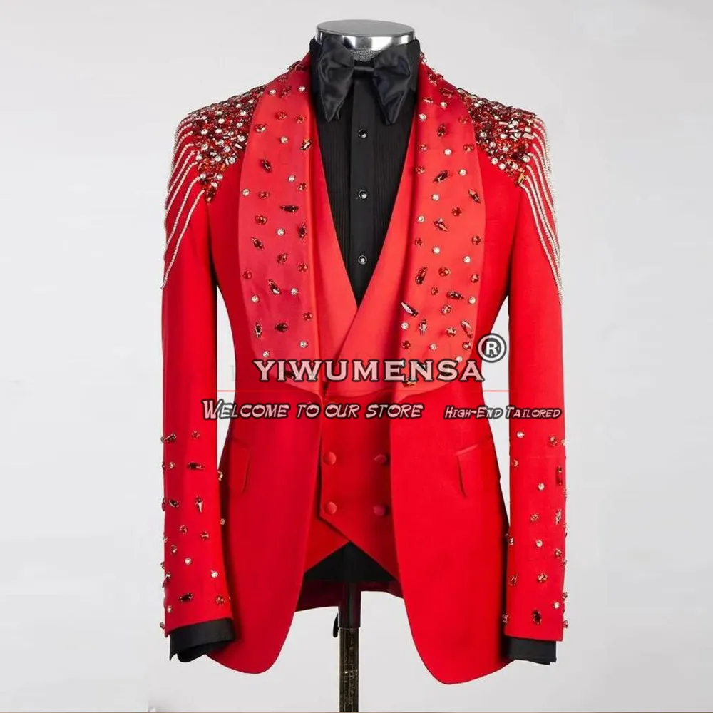 Red Men Fantastic Suits Tailored Beads Diamonds Tassel Groom Wear Prom Wedding Tuxedo Plus Size Business Man Dress Costume Homme