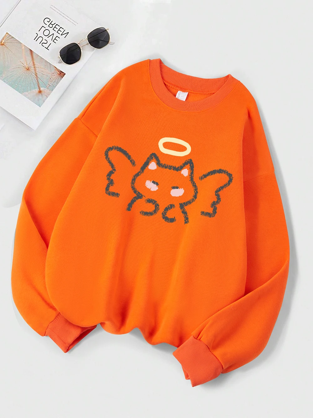 Sudaderas con estampado de bocetos de gato y Ángel para mujer, sudaderas básicas con cuello redondo, Jersey cálido de lana holgado, ropa cómoda de invierno para mujer