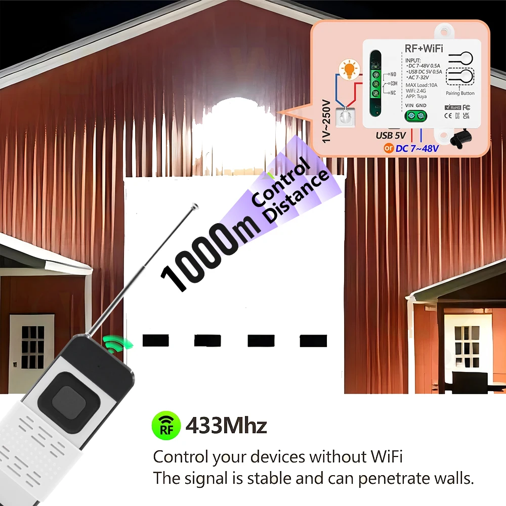 WiFi RF433MHz Wireless Remote Control Smart Switch Dry Contact Relay Transmitter DC 12V 24V 1CH work with Tuya Smart Life Alexa