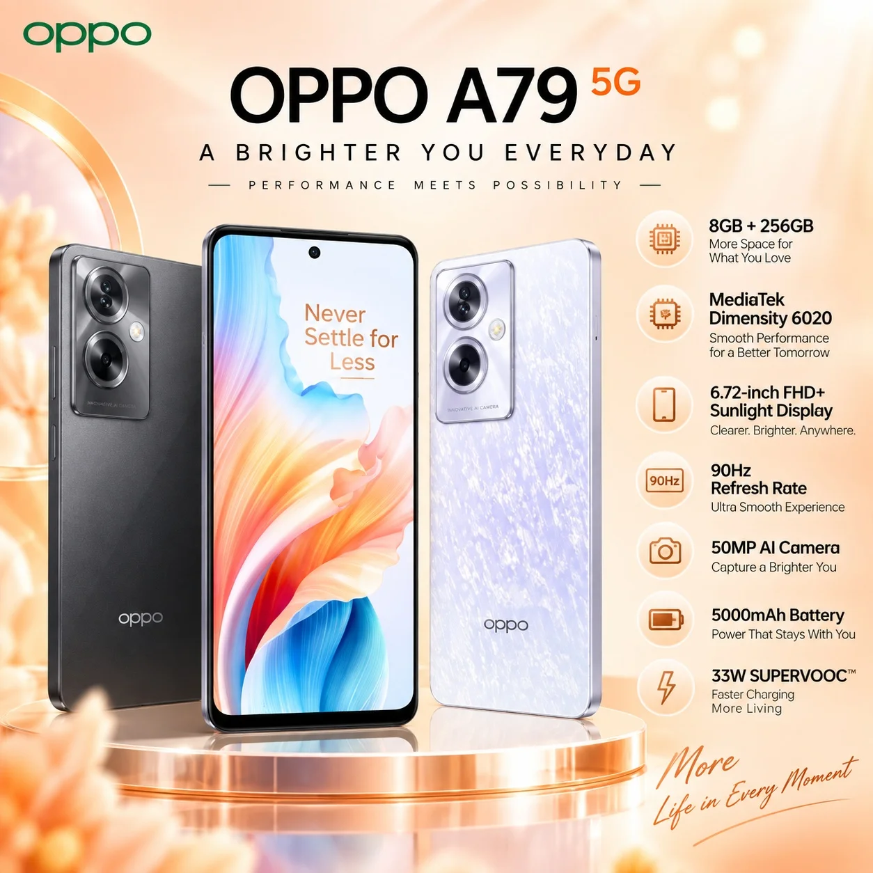 OPPO A79 5G: 8GB+256GB, Dimensity 6020, 90Hz FHD+ display, 50MP AI camera, 5000mAh battery and 33W SUPERVOOC for all-day power.