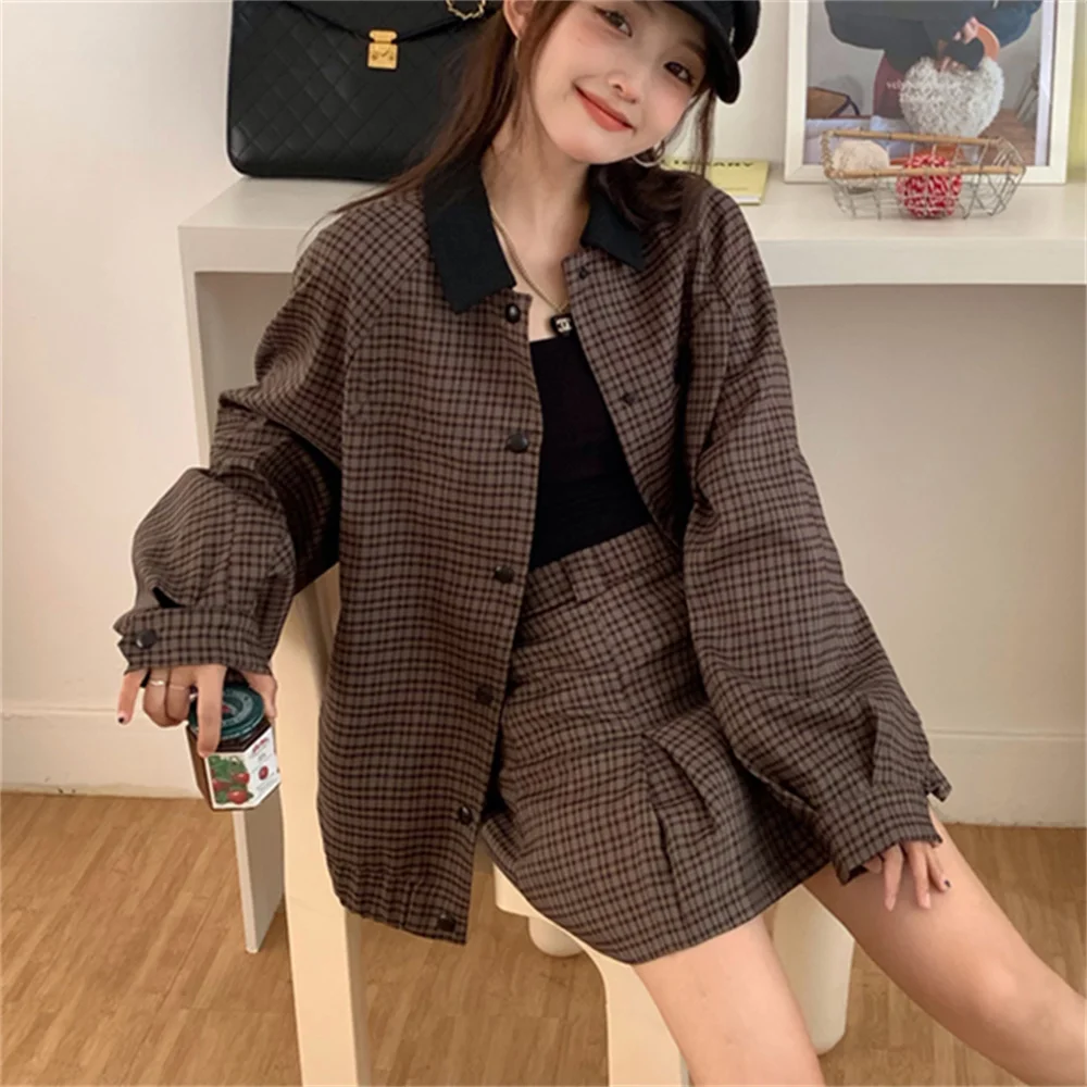 Coffee Women Suits Slim Plaid Slim-Fit Jackets Vintage Office Lady New 2023 Spring Mujer High Street Chic Skirts Sets