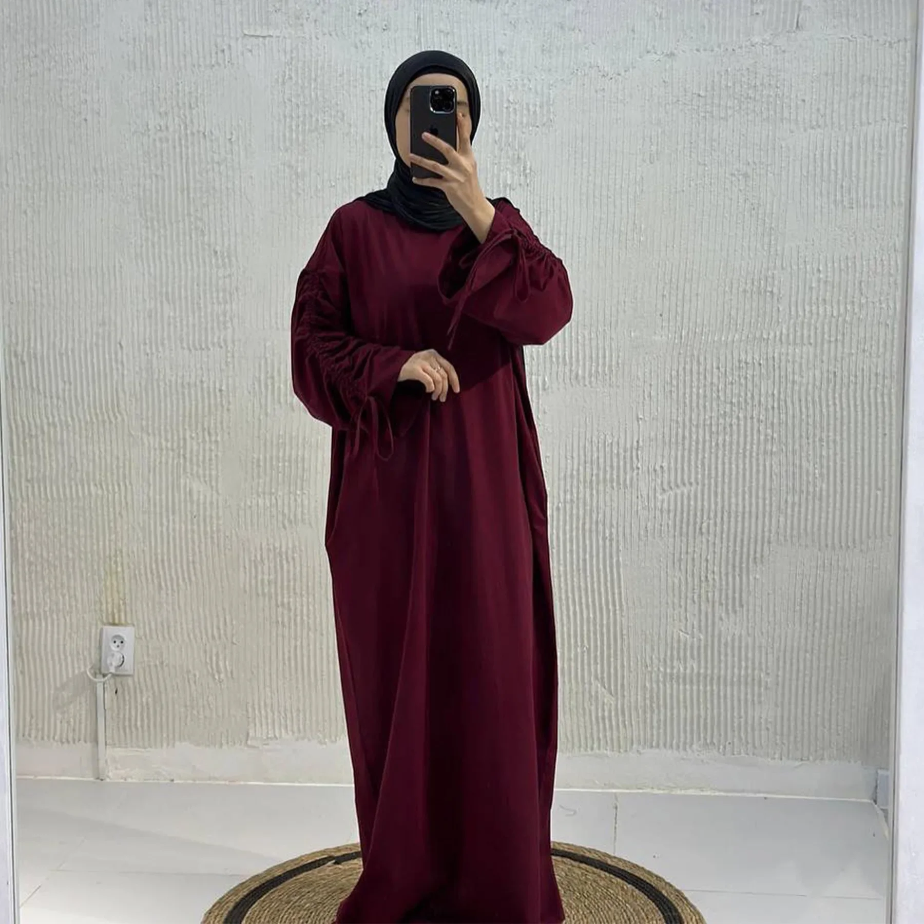 Dubai Turkey Cuff Drawstring Dress Muslim Women New Middle East Robe Abaya High Waist Long Loose Maxi Dress