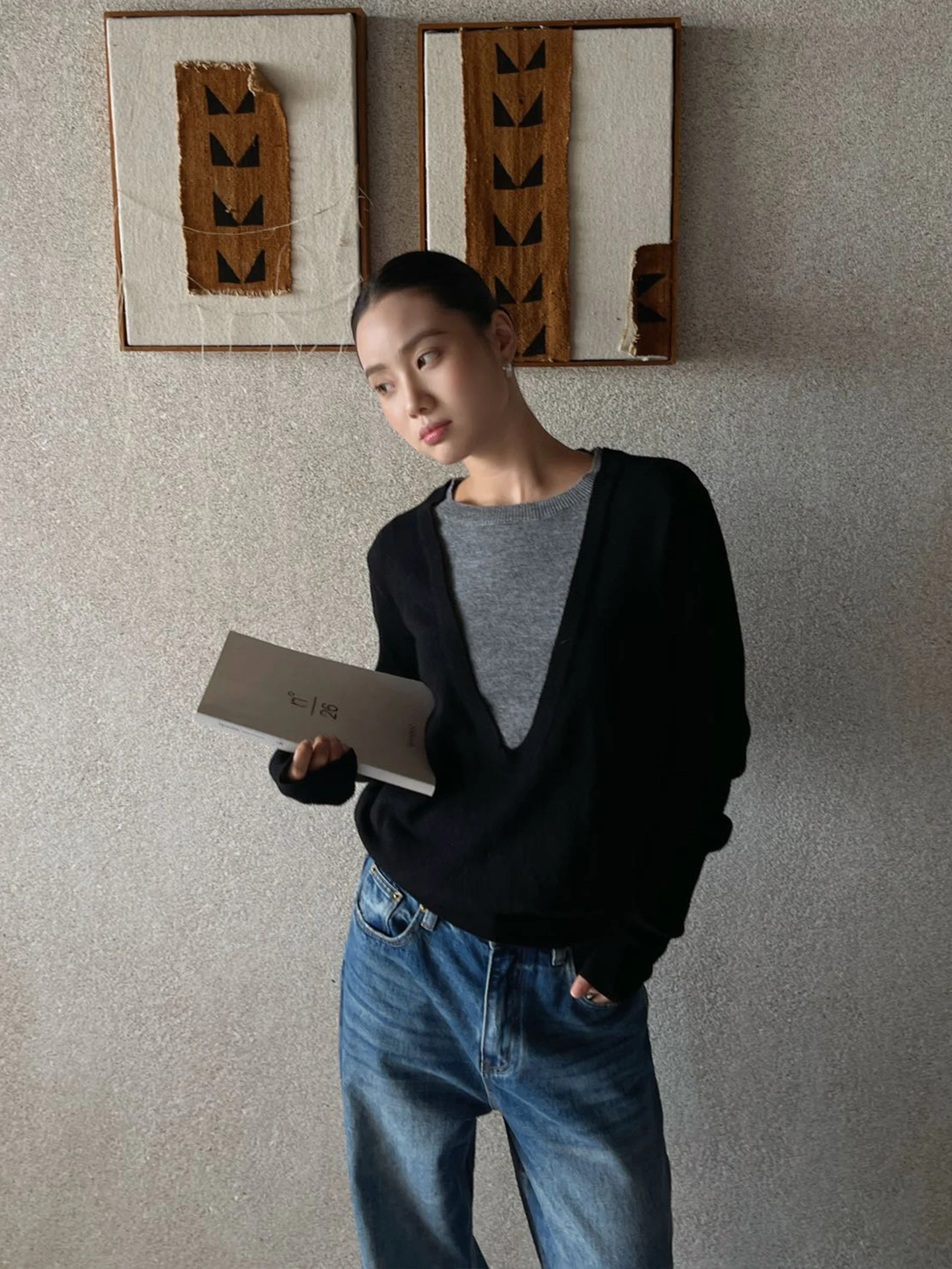 

Loose Long Sleeve Knitted Top Color Block Base Layer Shirt Versatile Casual Style Soft Nylon Wool Blend Comfortable Breathable