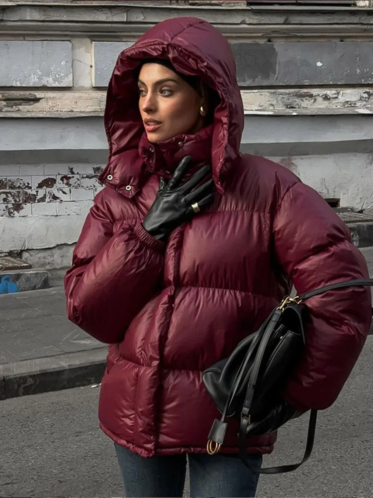 Women Fashion Burgundy Red Hooded Padded Jacket Winter Warm Stand Collar Zipper Breasted Parka 2024 New Lady High Streetwear