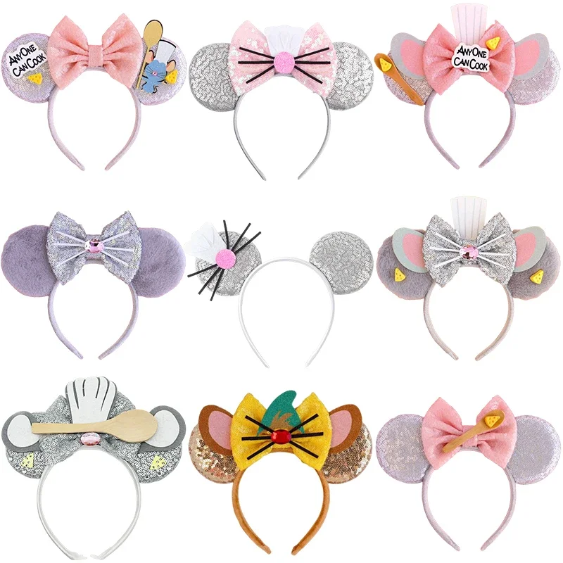 Disney Mickey Mouse Ears Headbands for Adults Ratatouille Remy ANYONE CAN COOK Sequins Pink Bow Hairbands Women Hair Accessories