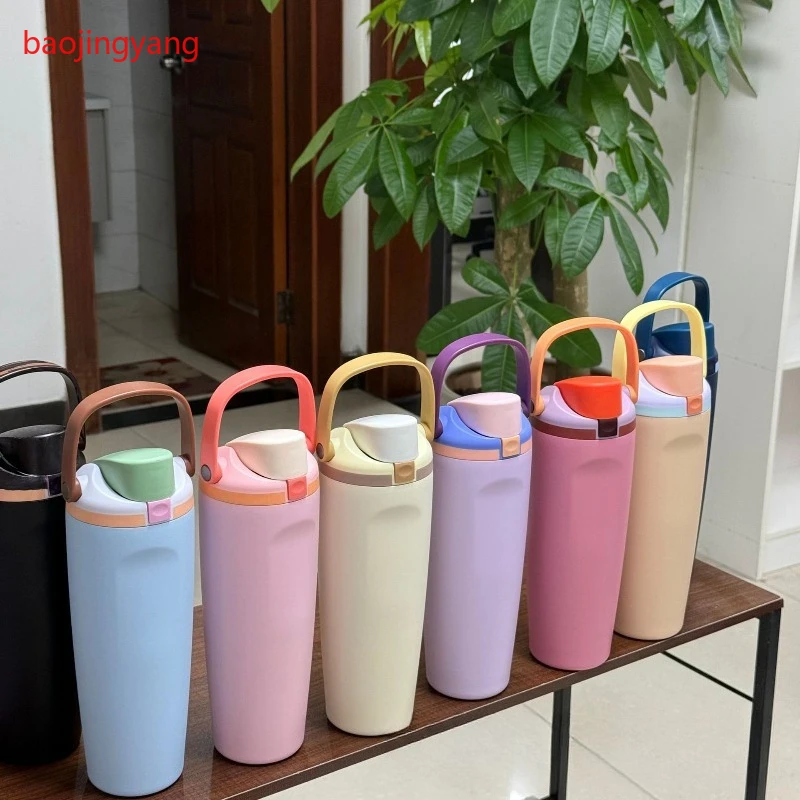 Botella Aislada Portátil de 30 oz en Color Macaron, Termo de Acero Inoxidable 304, Taza de Viaje con Asa