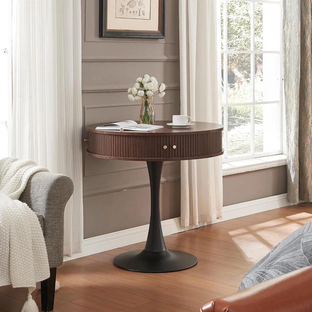 

31.5” Round Wood Dining Table, Metal Pedestal Base, Leisure Tulip Design, Accent Circle Side Table with Hidden Compartment