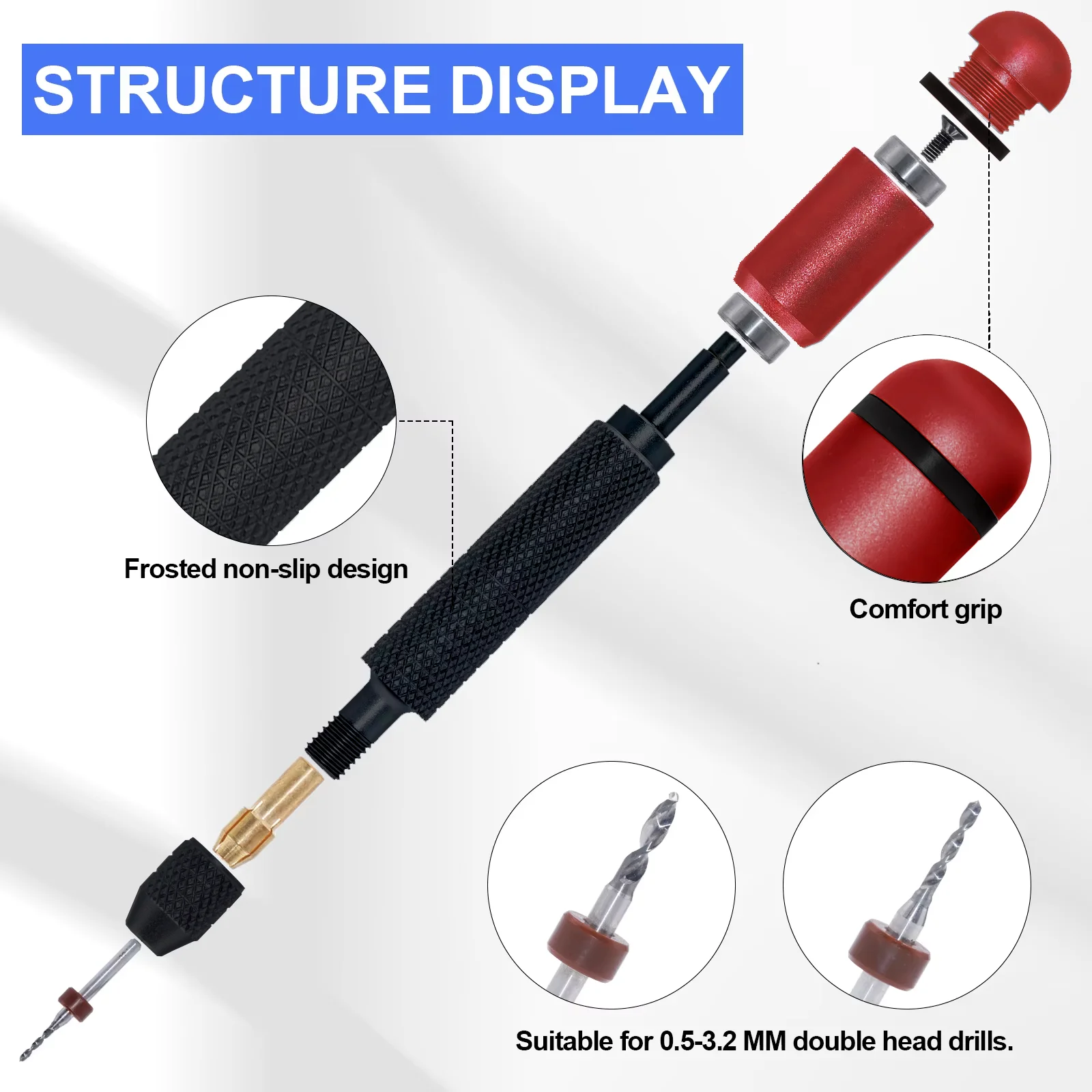 Black Red Needle Vise Set Pressurized Hand Twist Drill Double Bearing Rotary Interchangeable Drill Bits Of Different Sizes