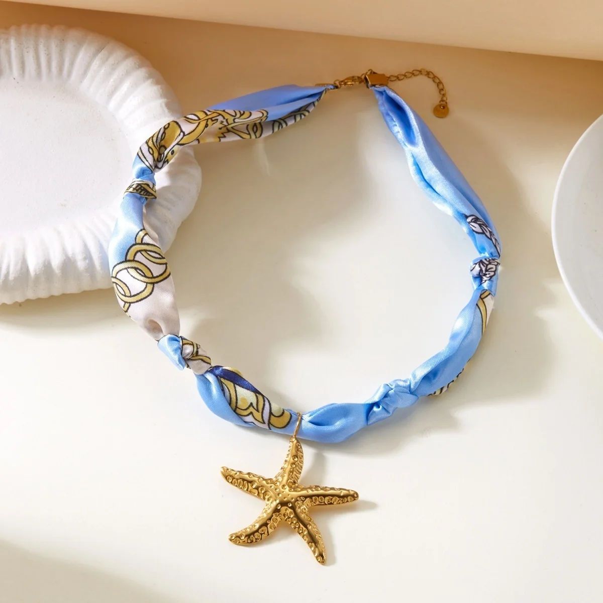 Bunter Acryl-Rundperlen-Schal mit Aufdruck, Seestern-Halskette für Frauen, Doppelschichtiger Edelstahl-Stern-Choker-Schmuck – Detail 24