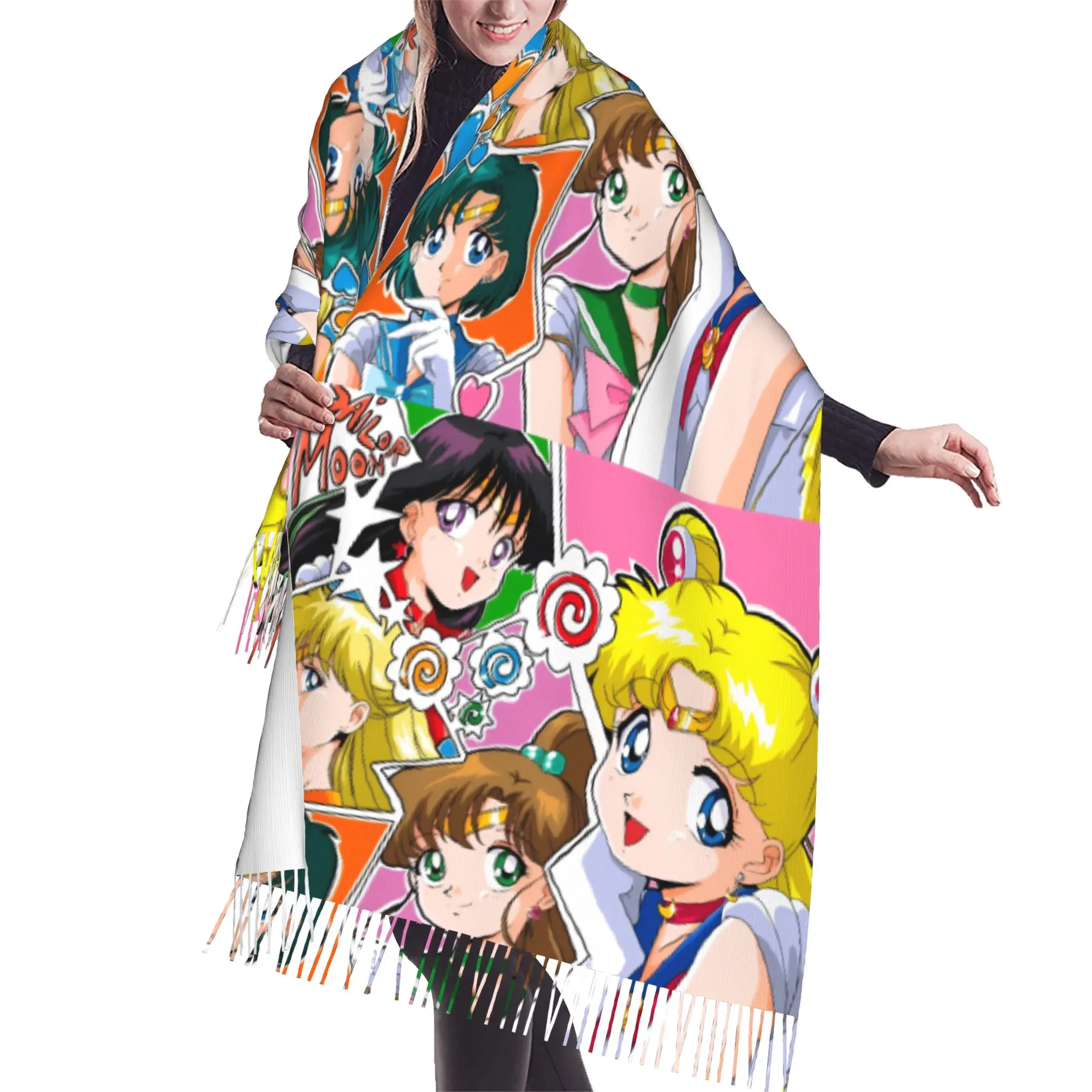 Custom Sailored Anime Mooned Scarf Wrap Women Long Winter Fall Warm Tassel Shawl Unisex Usagi Tsukino Scarves