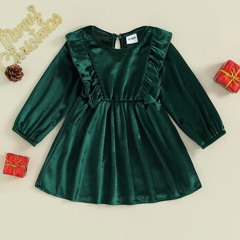 Baby Girl Christmas Dress Fashion Infant Ruffle Long Sleeve Round Neck A-Line Dress Toddler Velvet Dress Princess Party Clothes