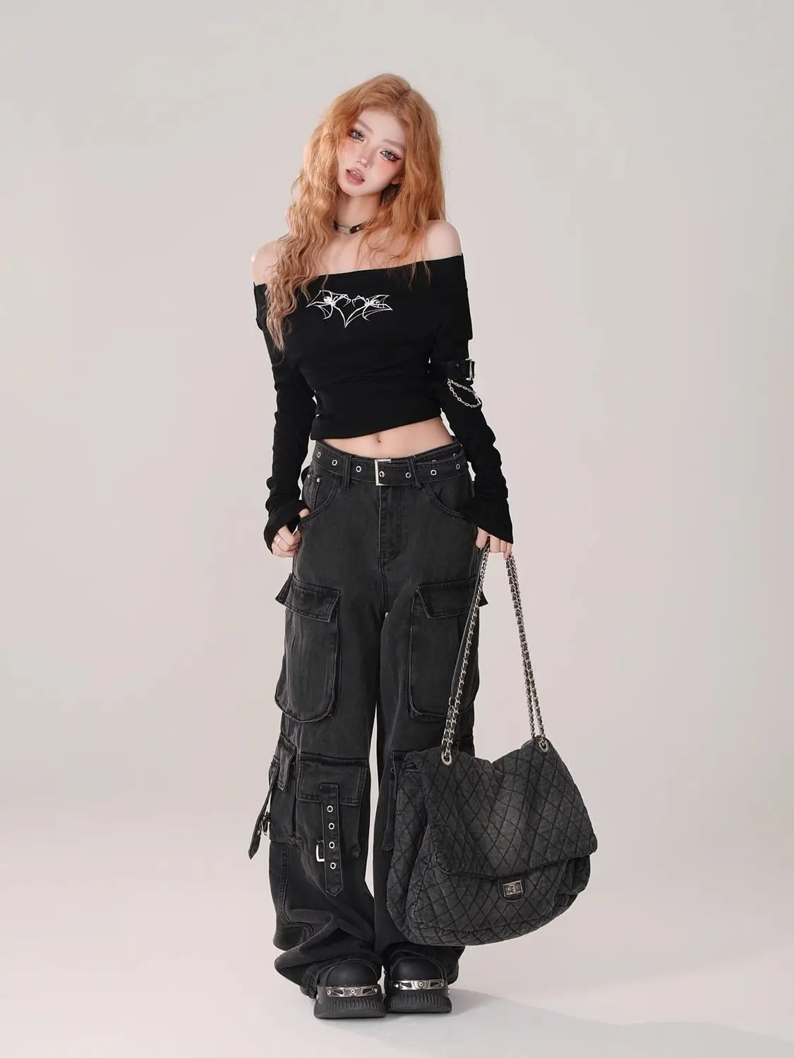 Y2K Black Cargo Pants for Women Straight Leg Jean Edgy Style Pocket Trousers Streetwear 2000s Aesthetic Grunge Pants Pantalones