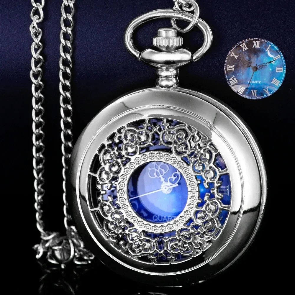 Starry Sky Blue Dial Antique Quartz Pocket Watch Necklace Pendant Souvenir Gift for Women Men with Chain Christmas Birthday Gift