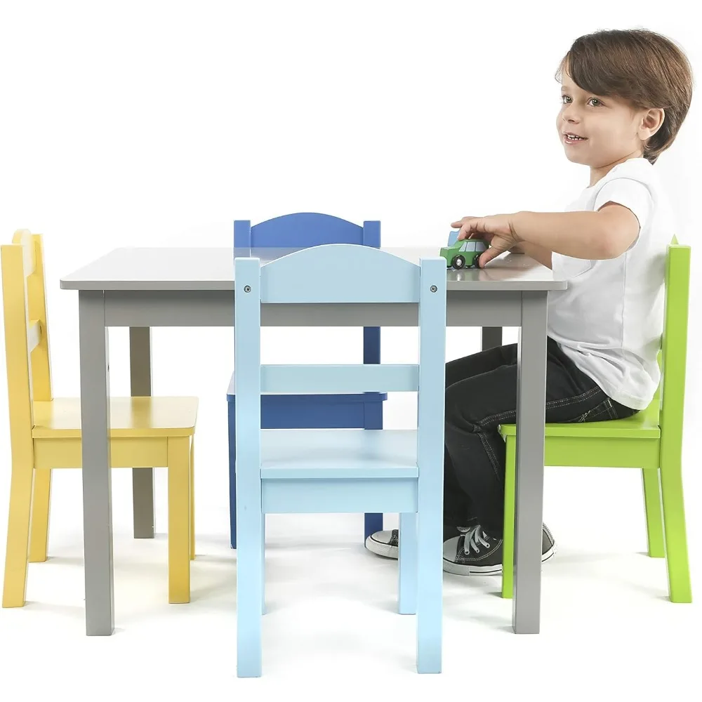 Tafel- en stoelensets, grijs blauw groen geel kinderhouten tafel en 4 stoelenset, 22"D x 26"B x 19"H tafel- en kinderstoelensets