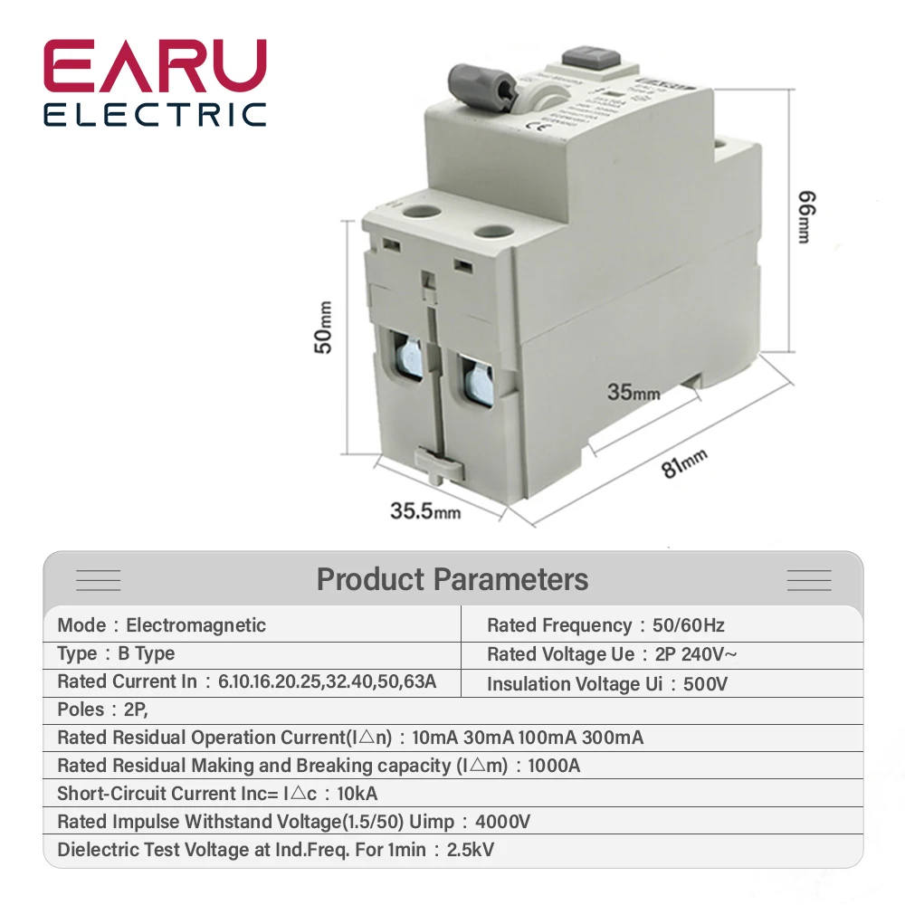 2P 10/30/100/300mA Electric Vehicle EV Charging Pile Residual Current Breaker DC RCCB RCD Type B 6KA Din Rail Earth Leakage