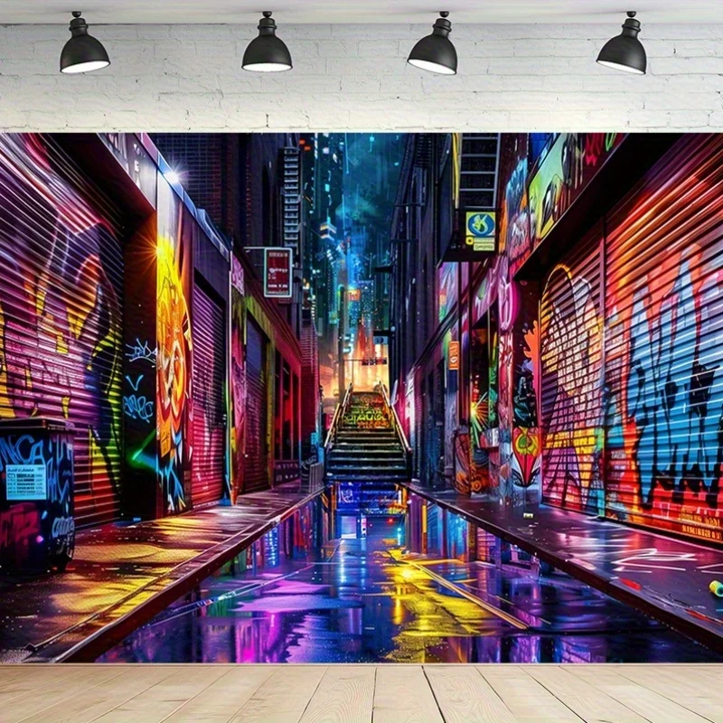 Aesthetic Neon Graffiti Wall Mural Cyberpunk Street Art Tapestry Wallpaper Pop Culture Urban Loft Room Decor Background Poster
