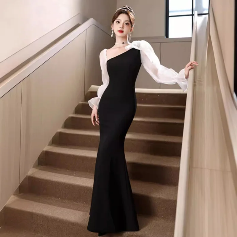

French-style Mermaid Evening Dress for Women2025New Slim Fit Niche Light Luxury Simple Banquet Host Black Long Sleeve