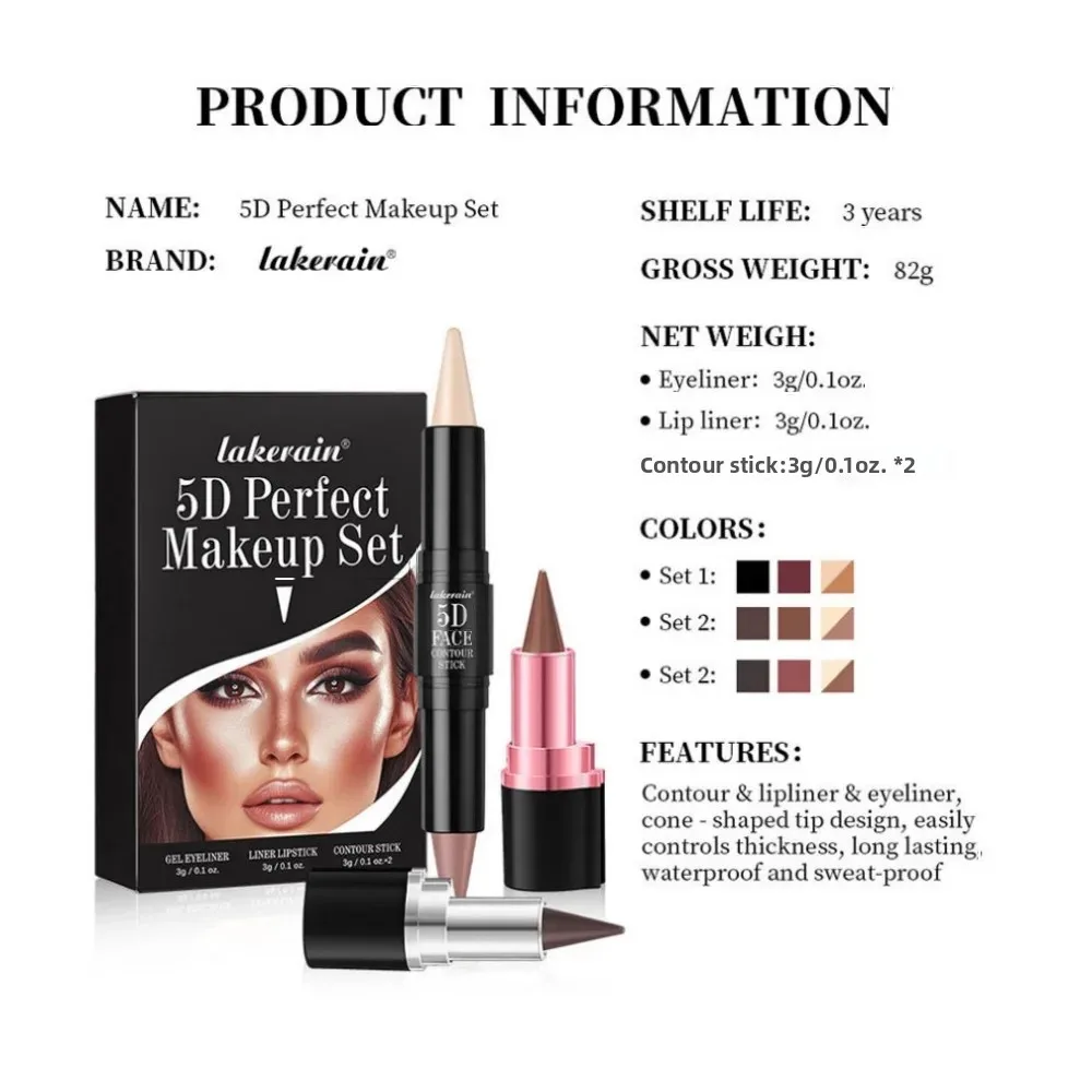 Lakerain Multiple Functions 5d Perfect Makeup Set Matte Velvet Contour & Lip Liner & Eyeliner Long Lasting Waterproof Sweatproof