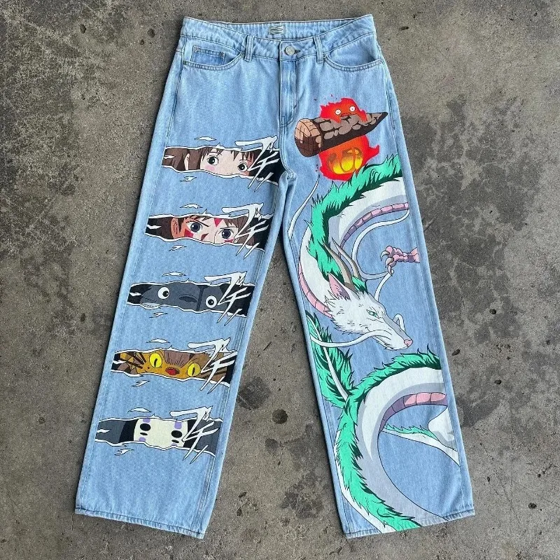 Jeans Retro Preto de Cintura Alta Perna Larga, Calças Denim Impresso, Padrão de Personalidade Animação Japonesa, Hip Hop, Novo, Y2K, 2022