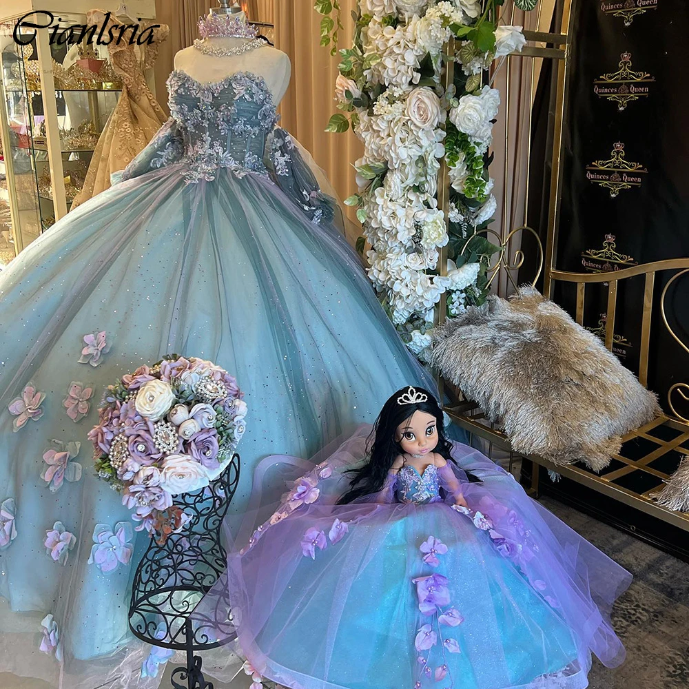 Hunter-vestido De baile De quinceañera con apliques De cuentas, verde, manga desmontable, corsé De flores 3D, 15 Años