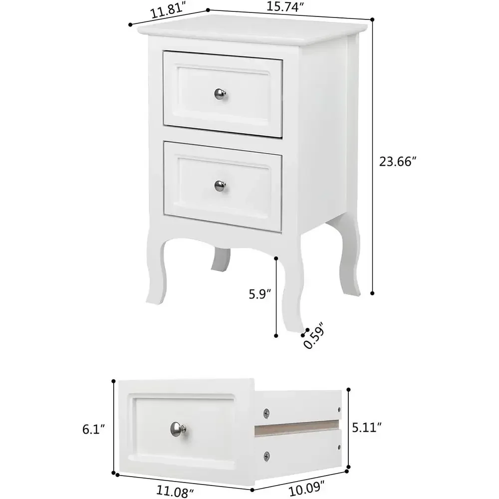 White Nightstand Set o 2, Nightstands with 2 Ders, Bed Side Table/Night Stand, Small Nightstand or Bedroom, Small Spaces, Colleg - view 3