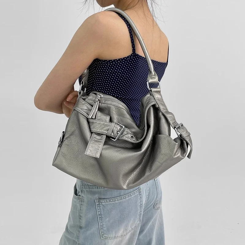 

Vintage Belts Deco Women Shoulder Bags Luxury Soft Pu Leather Crossbody Bag Large Capacity Shopper Purses Punk Commuter Handbags