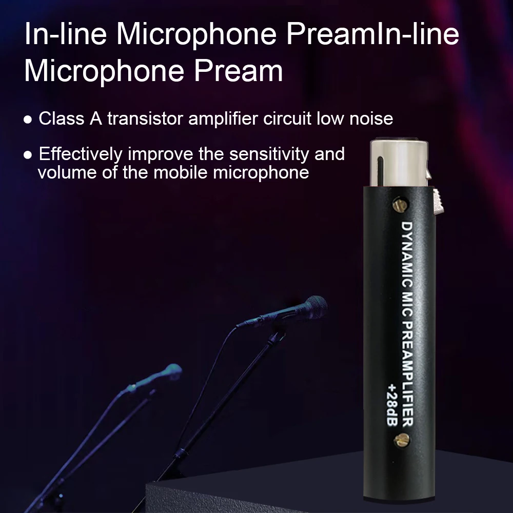 In-line Microphone Pream Low Noise Gain Amplifier XLR Connection Port Plug and Play Mic Preamplifier for Dynamic Microphone