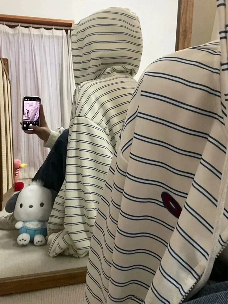 Korean Style Stripe Hooded Cardigan Hoodie Women Autumn New Small Lazy Loose Oversize Zip Hoodie Outerwear Sweatshirt