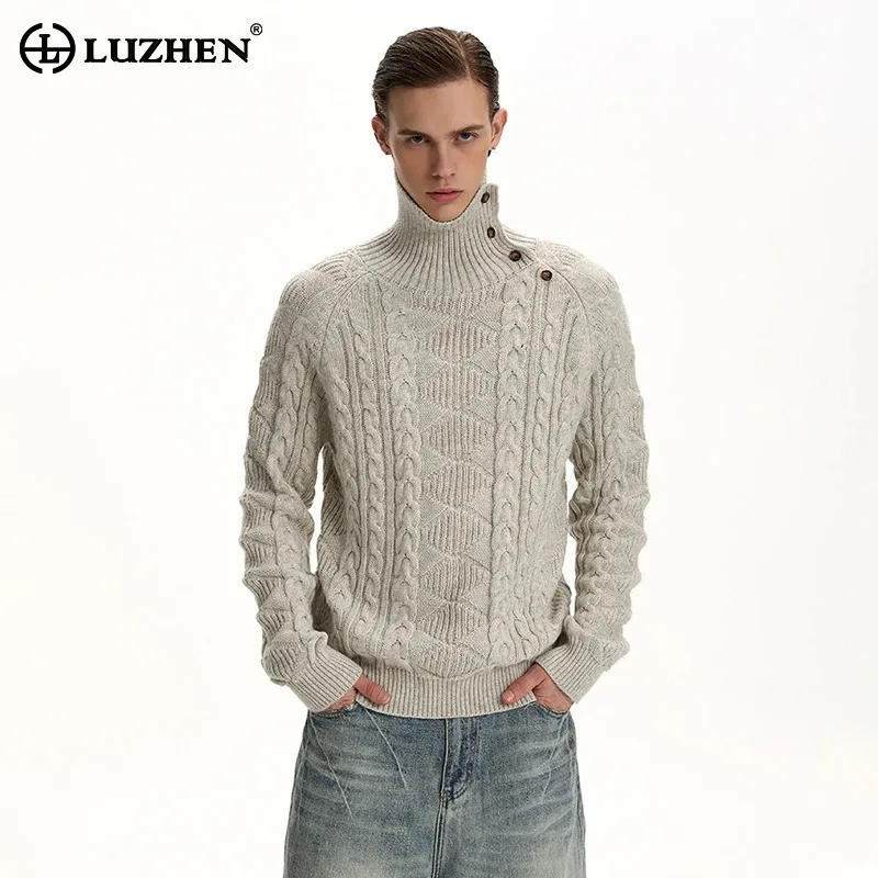 

LUZHEN 2026 Winter Solid Color Personalized Buttoned Decorate Knitted Turtleneck Men Fashion Elegant Temperament Sweater JY6121