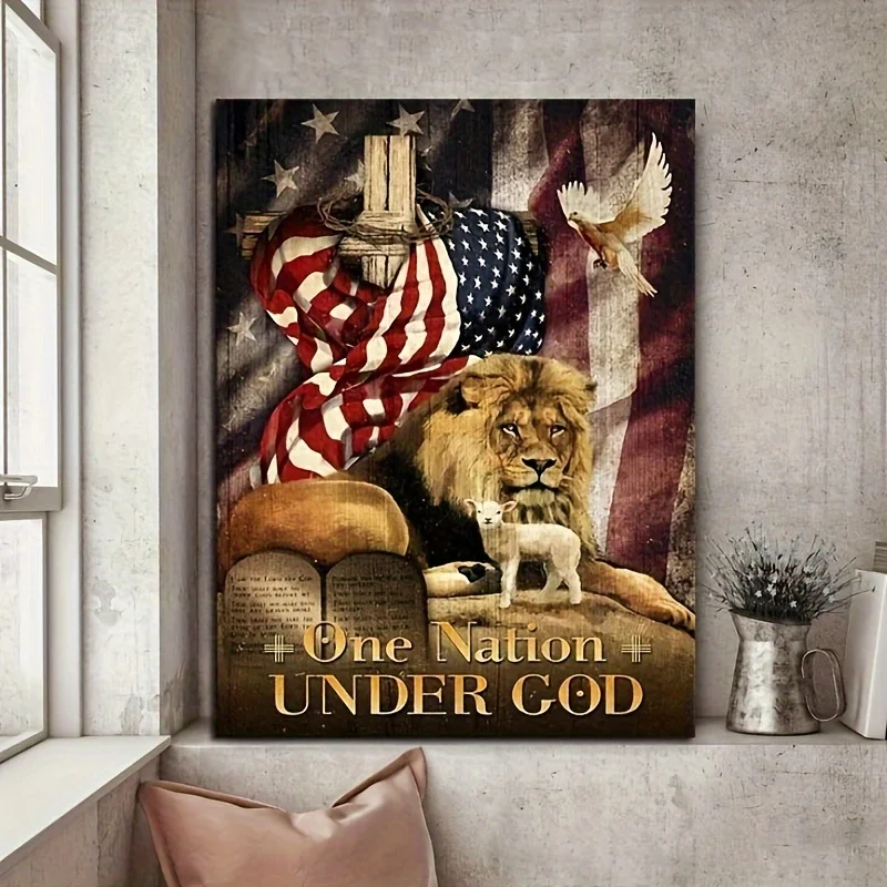 

1PC Wooden Framed Canvas Painting - Vintage American Flag One Nation Under God Lion Lamb Cross Dove Wall Art Home Decoration