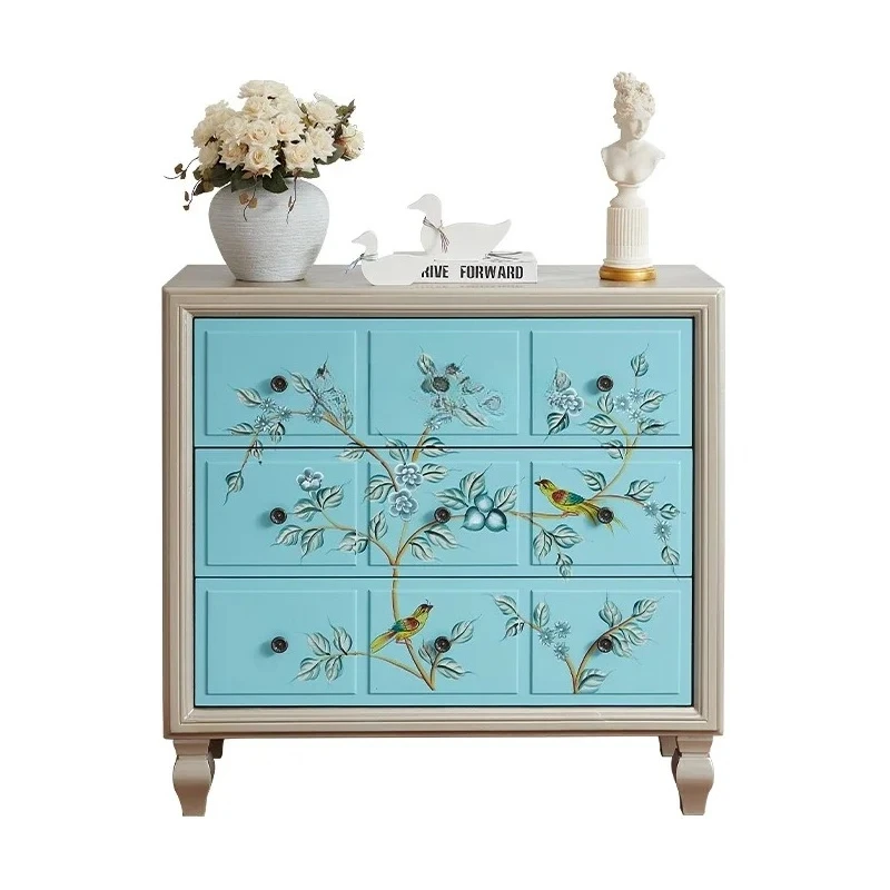 TTL Medieval Style Painted Chest Cabinet Solid Wood Porch Cabinet Bedroom Diner Foyer Three Drawers Storage Side Cabinet