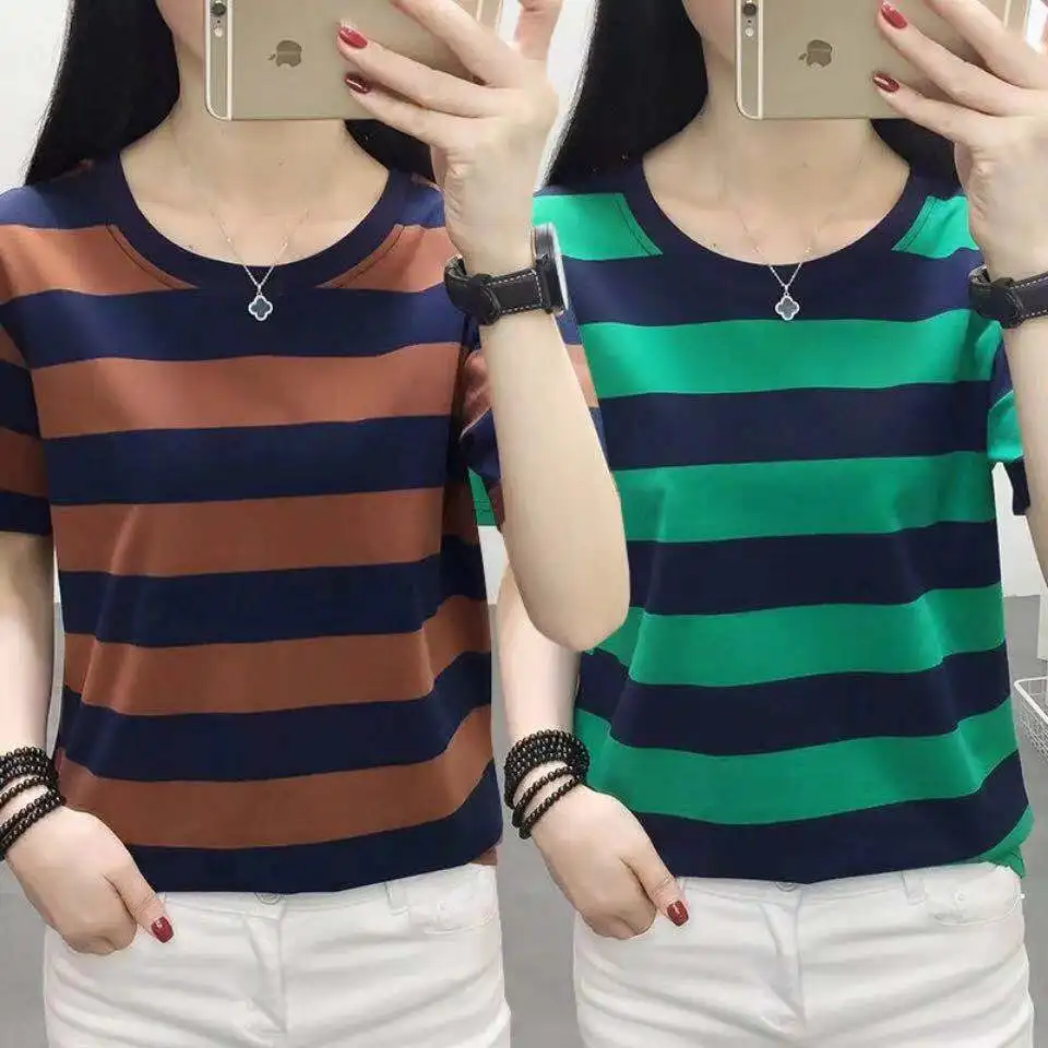 Green Striped Short Sleeve T-Shirt Women's Classic Style Summer Fashionable Versatile Student Half Sleeve Ensemble Trendy