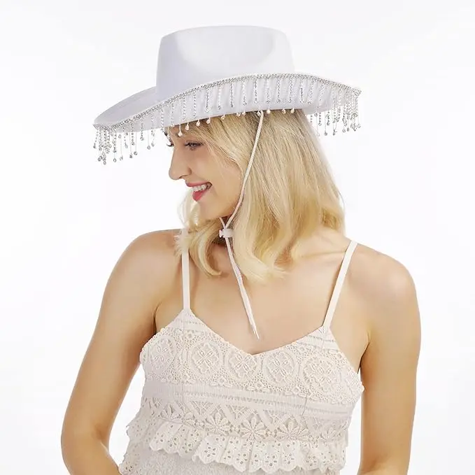 Braut-Cowgirl-Hut für Junggesellenabschied, Strass, weißer Cowboyhut für Frauen, Braut als Geschenk, Halloween-Kostüm – Detail 13