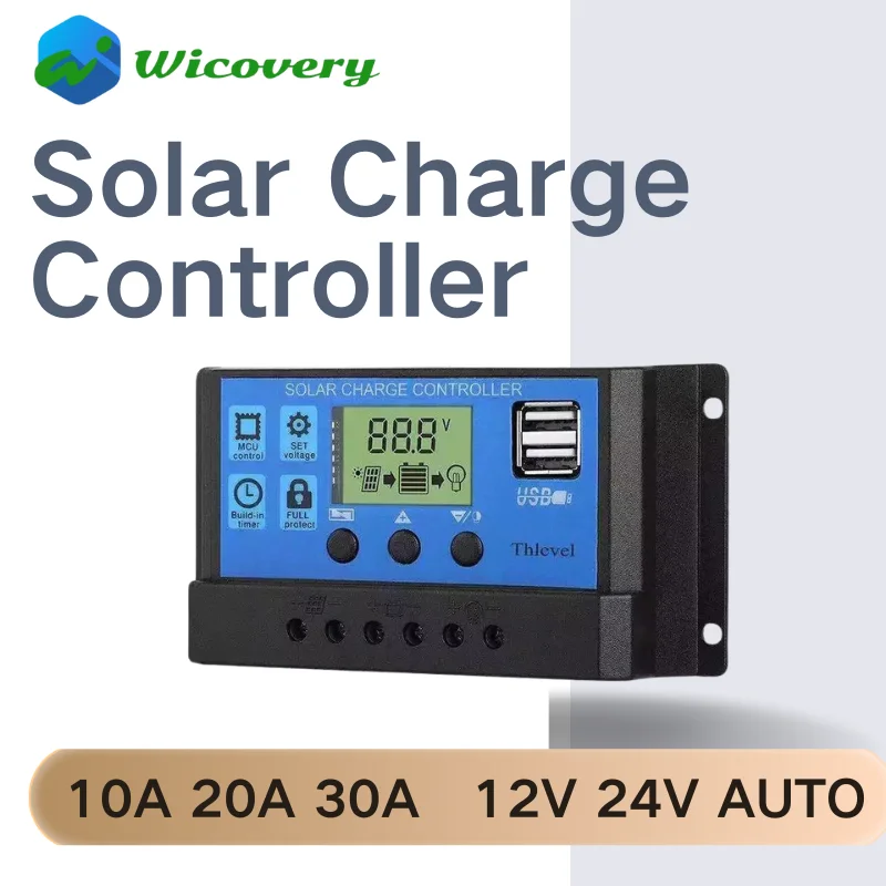 10A 20A 30A Solar Charge Controller 12V 24V Auto PWM 5V Output Regulator PV Home Battery Charger LCD Dual USB