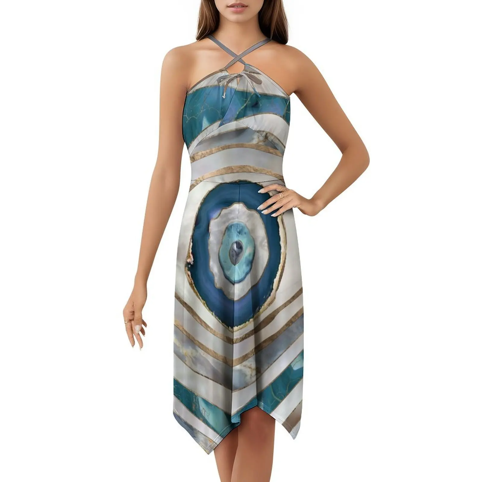 عين الشر المنسوجات المعدنية والذهب فستان عطلة مثير للنساء شاطئ حفلة عيد ميلاد فستان قصير عين الشر اليونانية ماتي ماتي #5