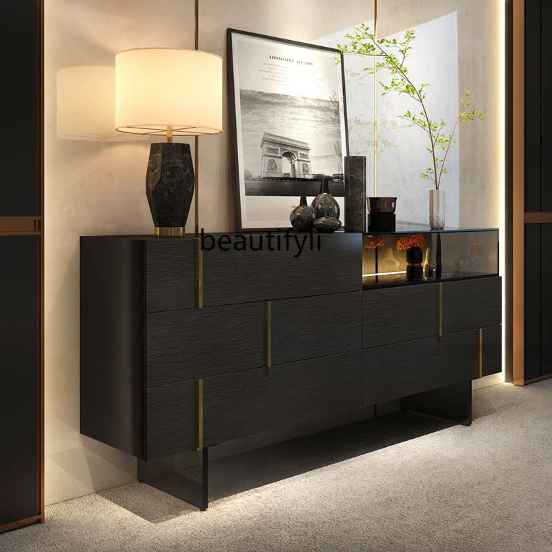 

Italian Chest of Drawers Modern Living Room Black with Light Entrance Cabinet Storage Glass Cabinet