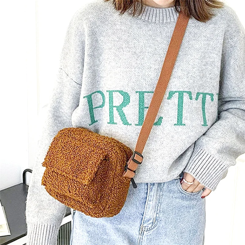 New Plush Fabric Women\'s Shoulder Crossbody Bag Small Fashion Lambs Wool Fluffy Fur Winter Female Bag Designer Handbags