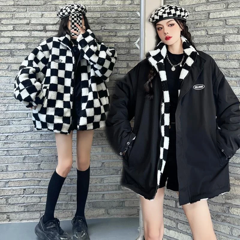 Streetwear Checkerboard Lamb Wool Coats on Both Sides Women New Winter Oversize Puffer Jackets Loose Stand Collor Parkas