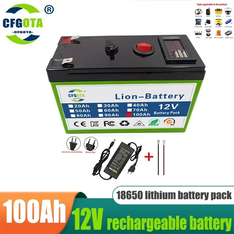 12V Battery 100Ah 18650 Lithium Battery Pack Rechargeable Battery for Solar Energy Electric Vehicle Battery+12.6V 3A Charger