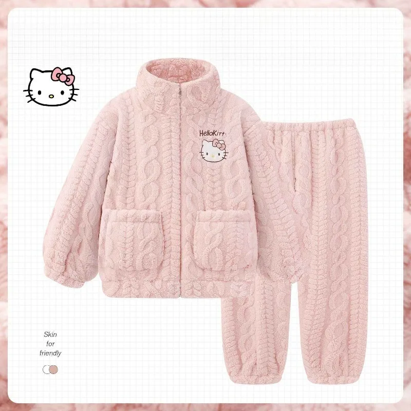 

Sanrio HelloKitty пижамы женские осень-зима коралловый бархат милый милый и теплый комплект домашней одежды уличная домашняя вязаная куртка