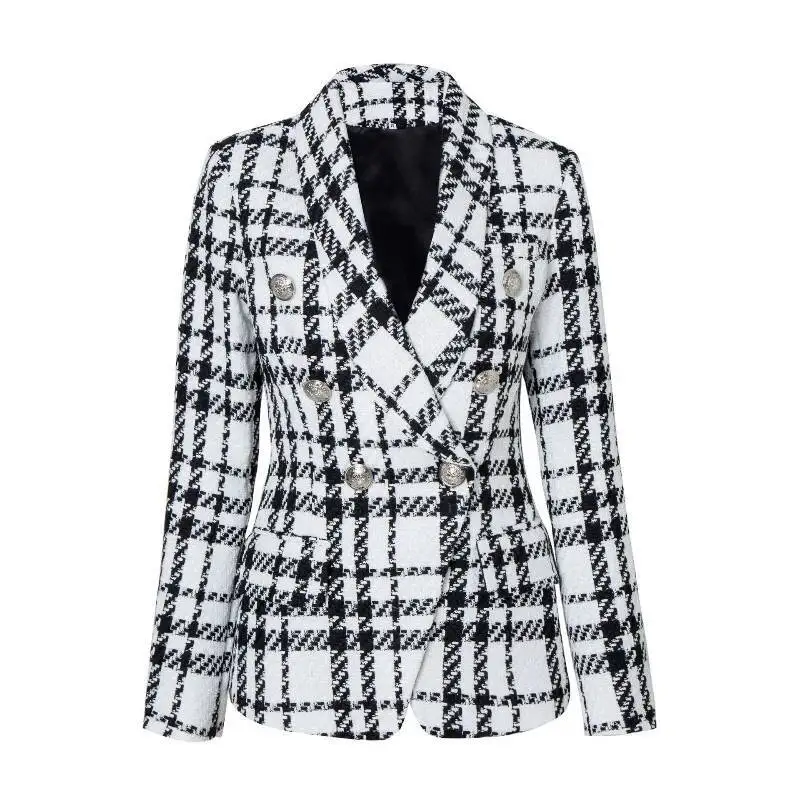 LEOSOXS Plaid Slim Women's Blazers Vintage Double-breasted Tweed Jackets Splicing Office Lady Suit Coats Autumn New Jackets 2025