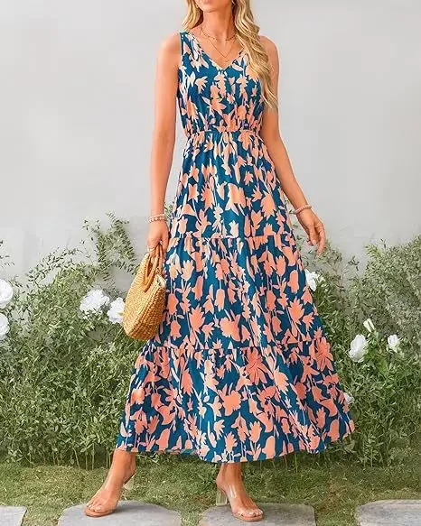 Women Floral Pattern Long Dress Sexy Sleeveless V-neck Print Dress New Summer Casual Vacation Boho Beach Maxi Dress Lady Vestido