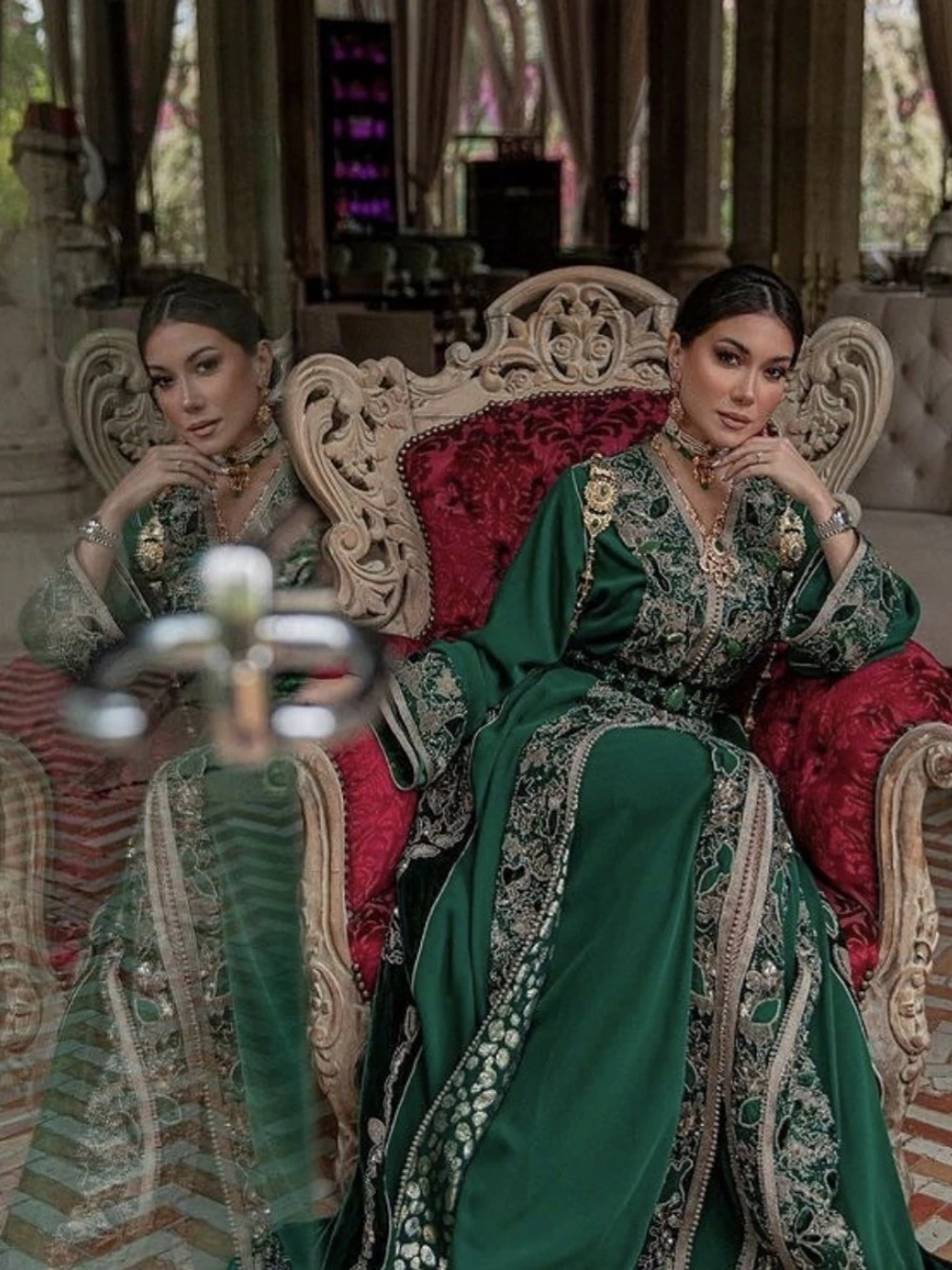 Robe de Soirée Verte à Col en V et Manches sulf, Caftan Personnalisé, Longueur au Sol, Style Marocain, pour Patients