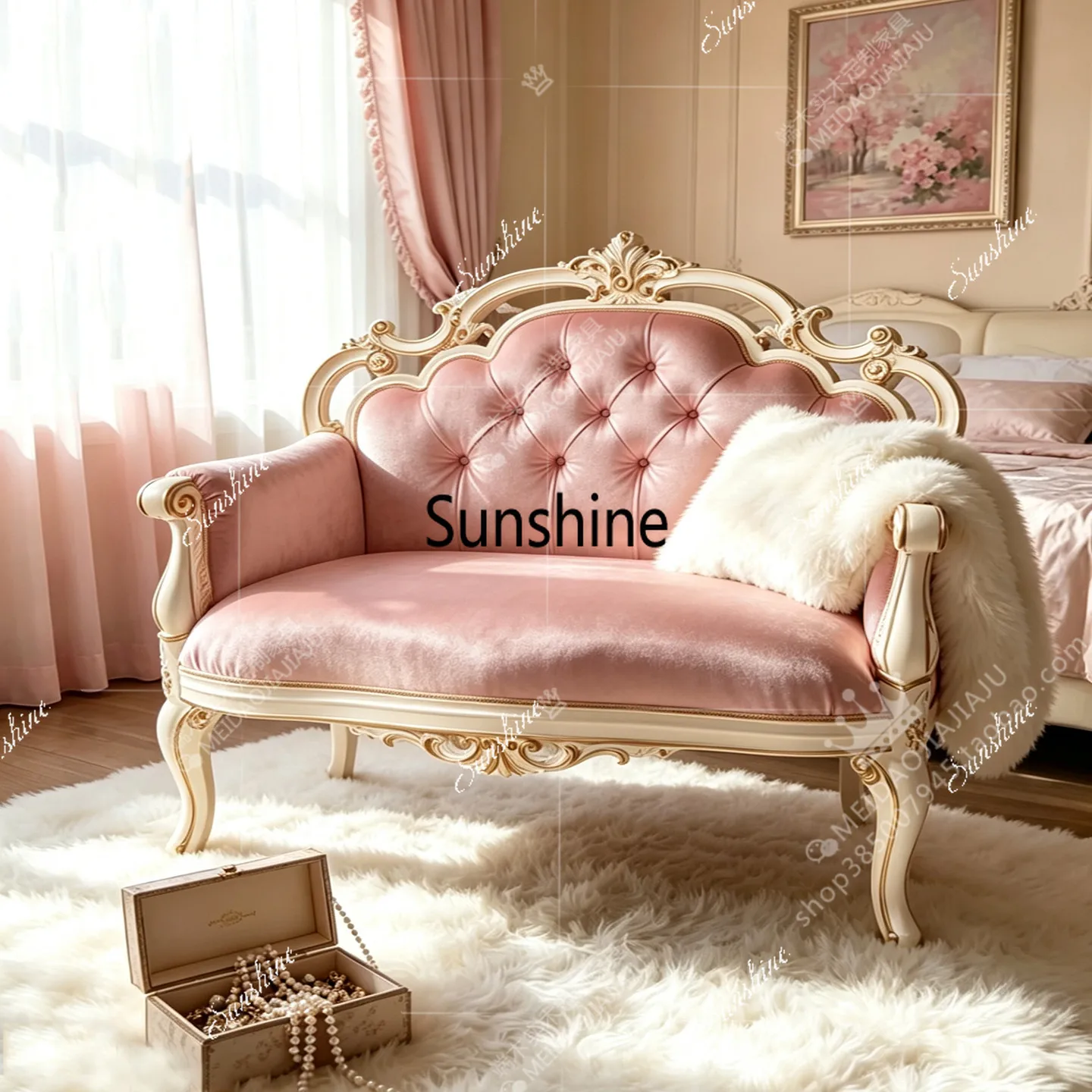 French style, solid wood carving flower living room pink princess, sofa chair, bedroom end of bed