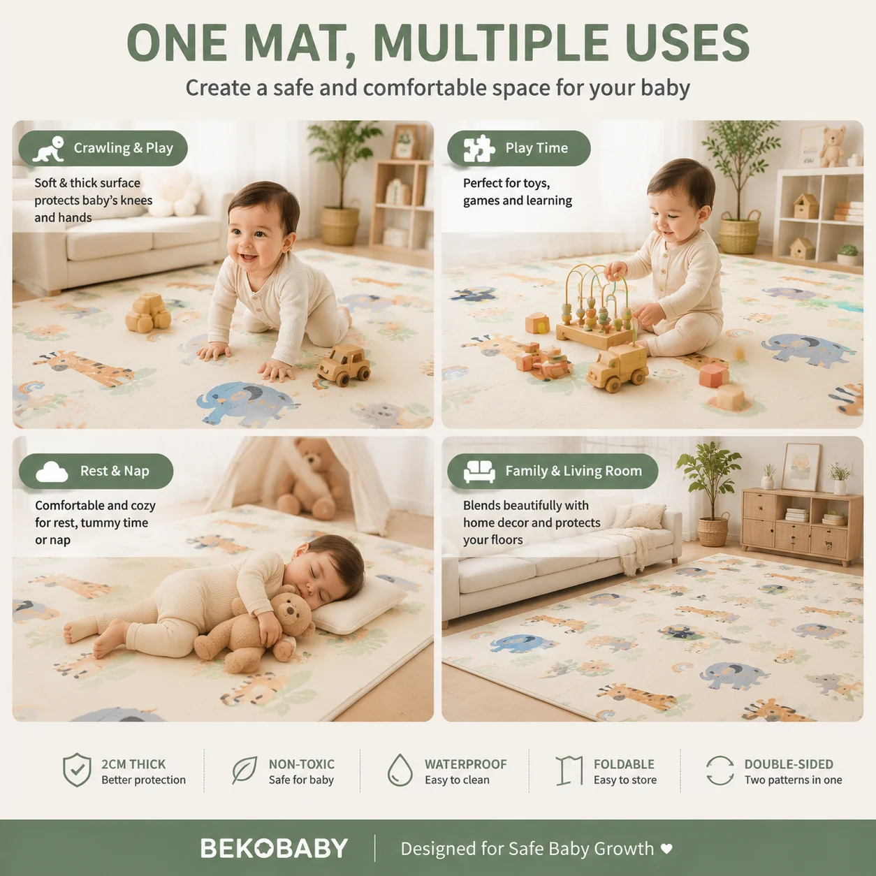 BEKOBABY Baby Play Mat 200x180x2cm XPE Foam Thick Foldable Non-Toxic Waterproof Crawling Mat for Kids & Toddlers Floor Play Rug