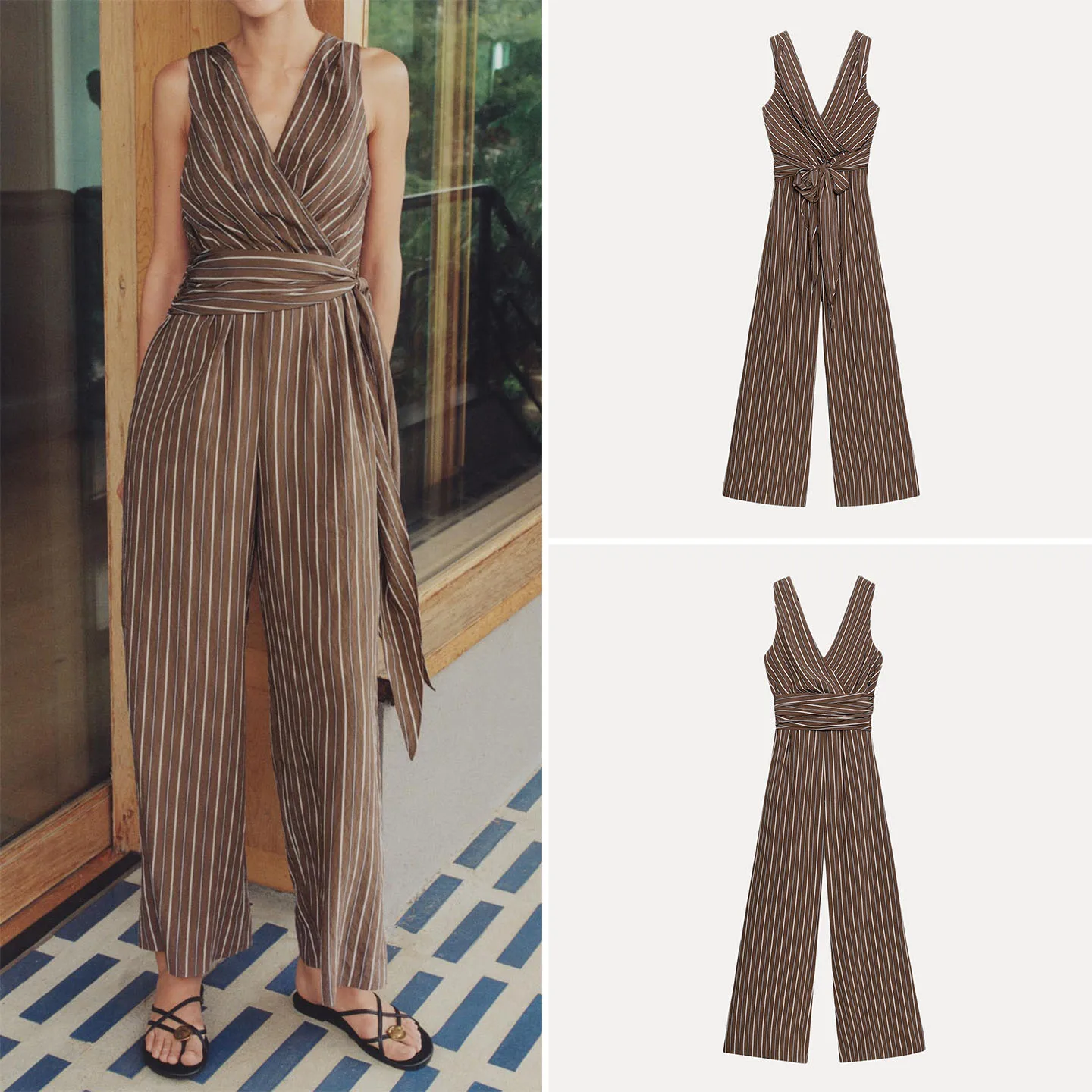 Women's Autumn 2026 New Style Sleeveless V-neck Striped Belted Wide-leg Jumpsuit High-waisted Long-pants Other Fabric