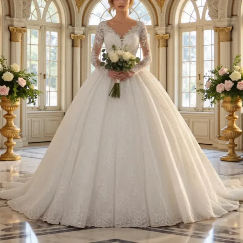 

Custom 2026 Elegant V Neck Ball Gown Wedding Dress Luxury Lace Applique Bridal Gown Long Sleeve Plus Size Vestido De Novia
