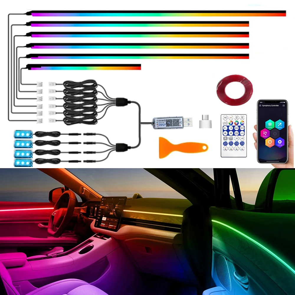 

Красочные RGB светодиодные внутренние автомобильные фонари, акриловые окружающие освещение, неоновая приборная панель, атмосферная подсветка с USB-музыкой, синхронизация ритма