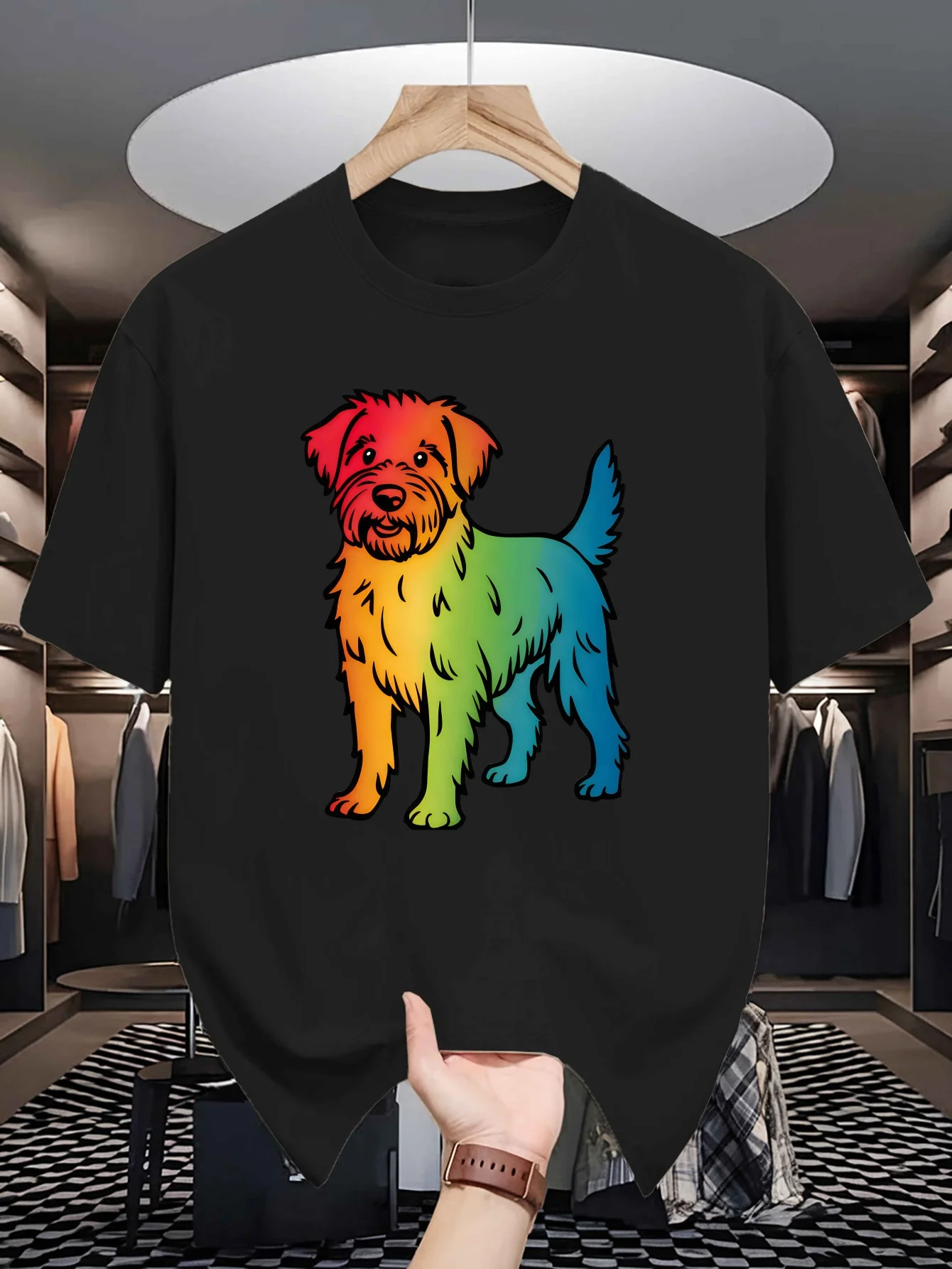 Rainbow Dog Print Mens Crew Neck T Shirt Colorful Wirehair Puppy Pet Lover Graphic Short Sleeve Casual Cotton Street Tees
